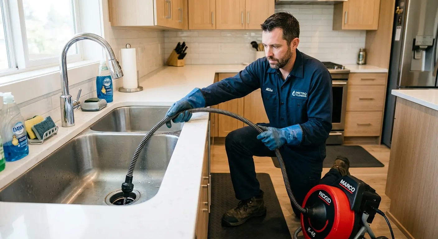 Drain cleaning technician using a motorized snake on a kitchen sink in Kirkwood