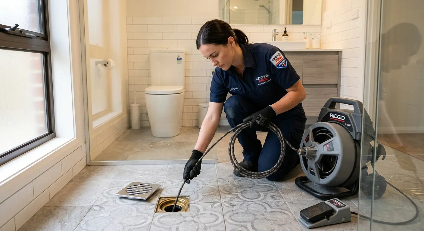 Technician clearing a bathroom floor drain for Drain Repair in Kirkwood